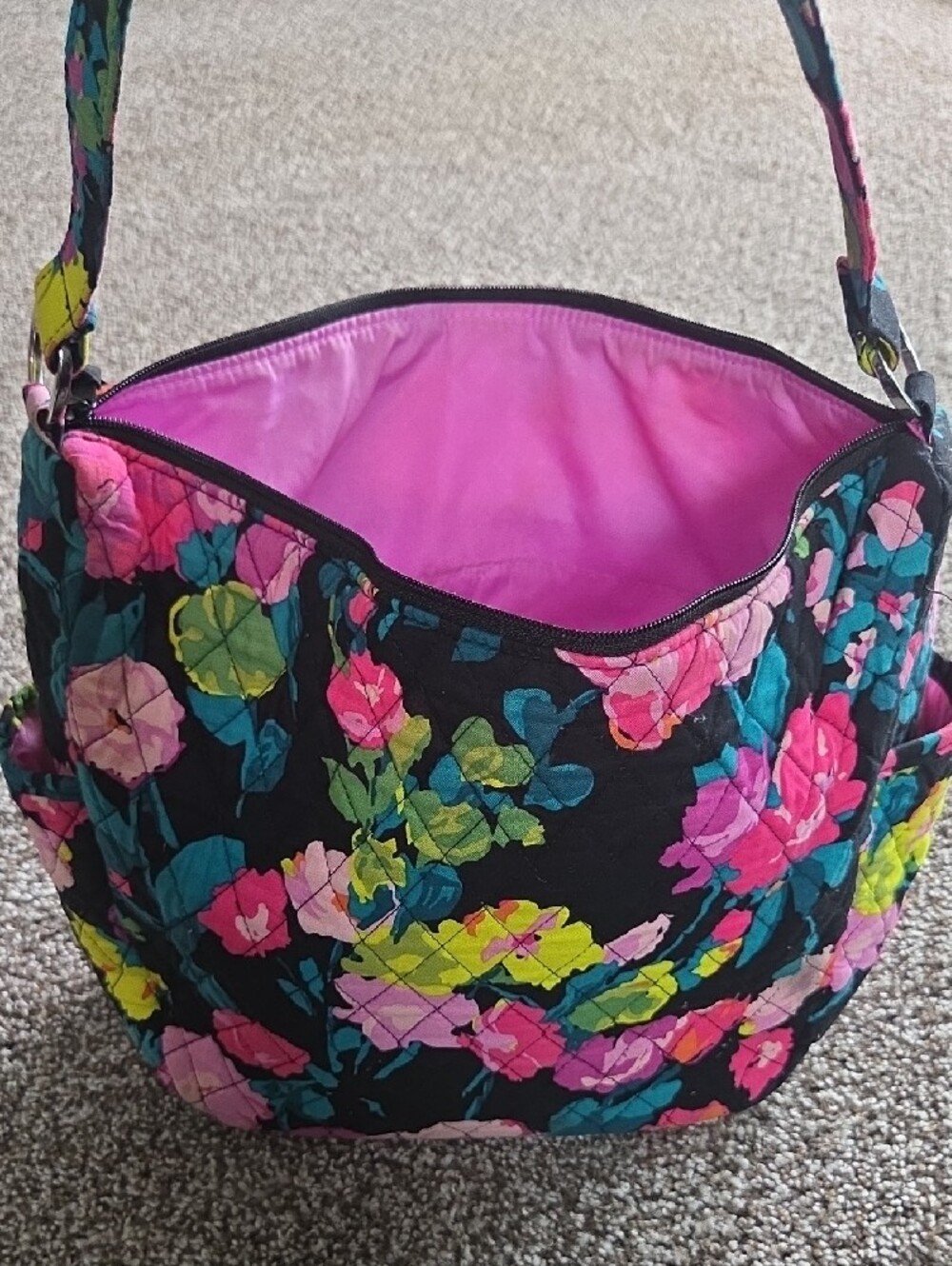 Vera Bradley Quilted Floral Shoulder Bag in Black and Multicolor flowers.